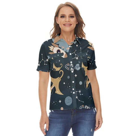 Space Theme Art Pattern Design Wallpaper Women s Short Sleeve Double Pocket Shirt by Proyonanggan