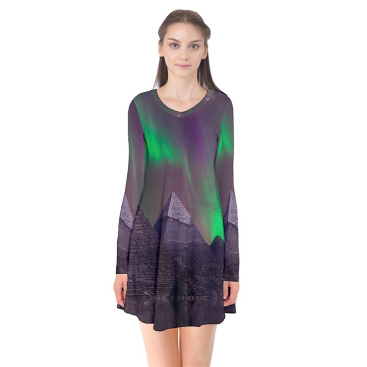 Fantasy Pyramid Mystic Space Aurora Long Sleeve V-neck Flare Dress