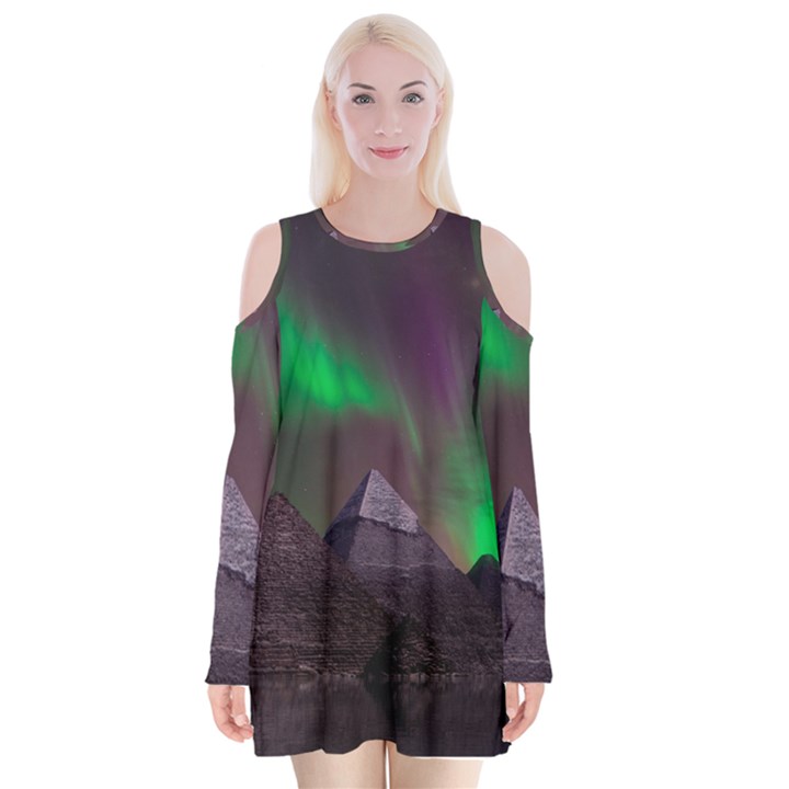 Fantasy Pyramid Mystic Space Aurora Velvet Long Sleeve Shoulder Cutout Dress