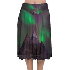 Fantasy Pyramid Mystic Space Aurora Velvet Flared Midi Skirt by Grandong