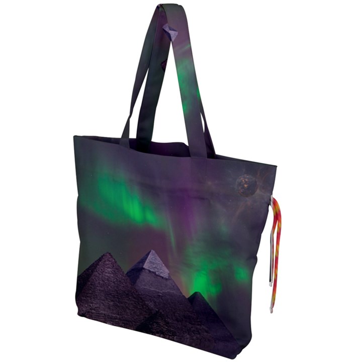 Fantasy Pyramid Mystic Space Aurora Drawstring Tote Bag