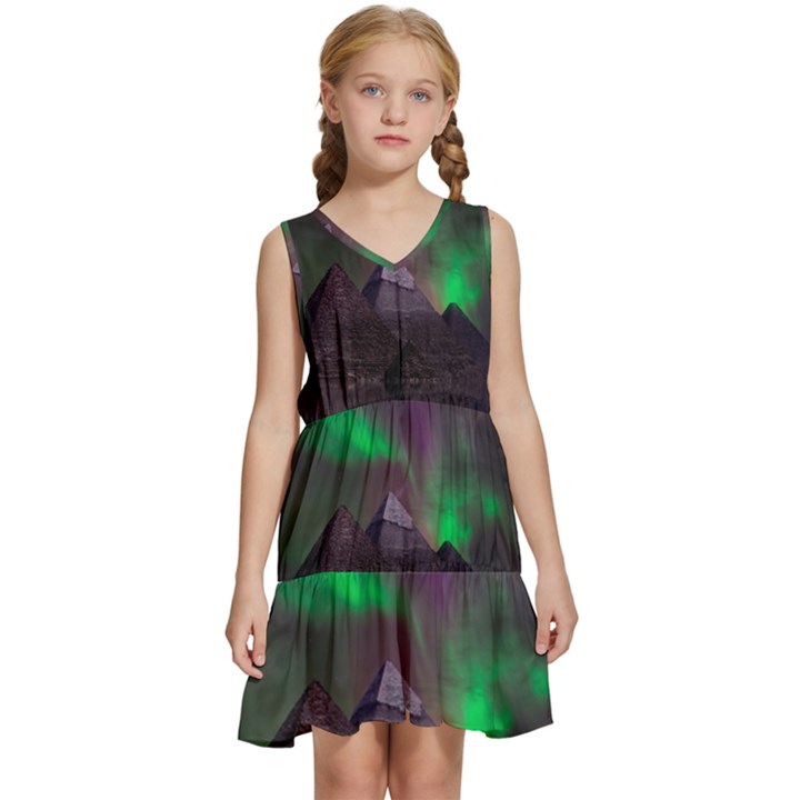 Fantasy Pyramid Mystic Space Aurora Kids  Sleeveless Tiered Mini Dress