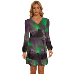 Fantasy Pyramid Mystic Space Aurora Long Sleeve Waist Tie Ruffle Velvet Dress by Grandong