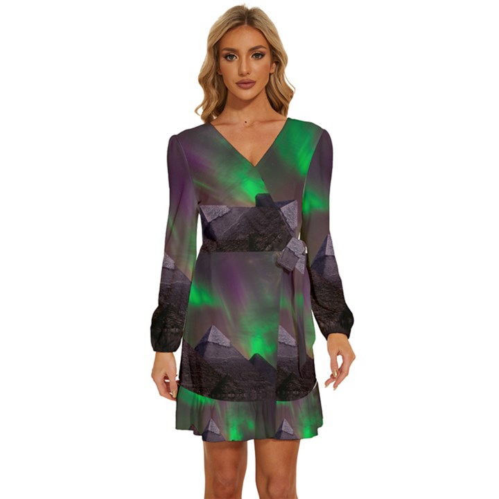 Fantasy Pyramid Mystic Space Aurora Long Sleeve Waist Tie Ruffle Velvet Dress