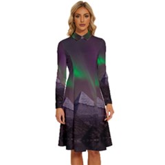 Fantasy Pyramid Mystic Space Aurora Long Sleeve Shirt Collar A-line Dress by Grandong