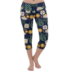 Flower Grey Pattern Floral Capri Yoga Leggings by Dutashop