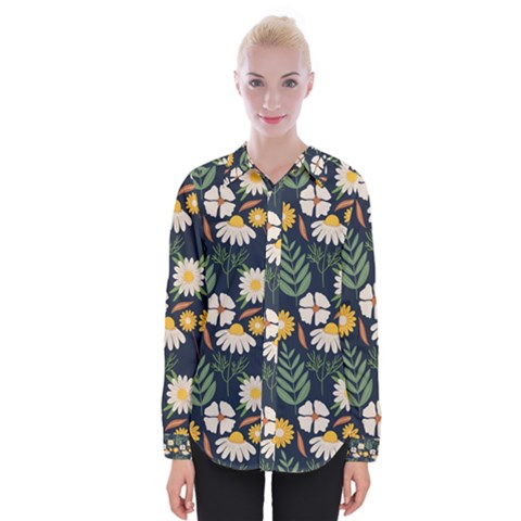 Flower Grey Pattern Floral Womens Long Sleeve Shirt by Dutashop