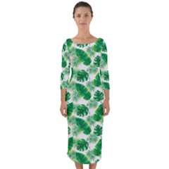 Tropical Leaf Pattern Quarter Sleeve Midi Bodycon Dress