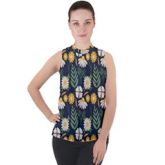 Flower Grey Pattern Floral Mock Neck Chiffon Sleeveless Top by Dutashop