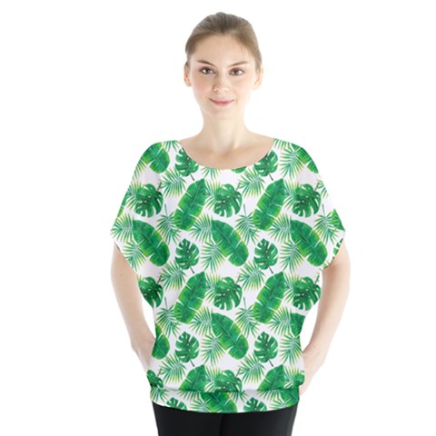 Tropical Leaf Pattern Batwing Chiffon Blouse by Dutashop