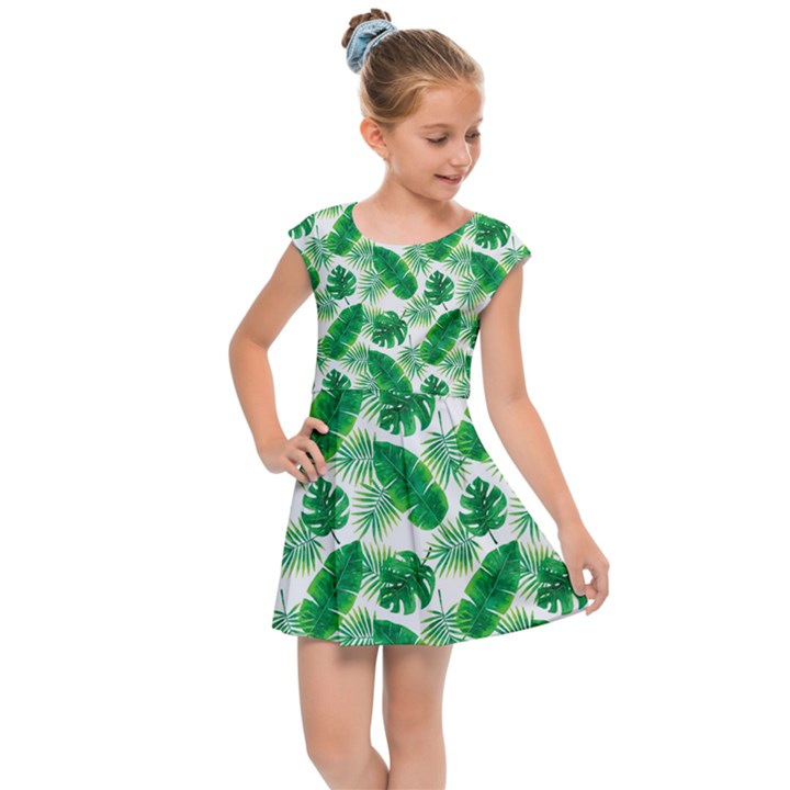 Tropical Leaf Pattern Kids  Cap Sleeve Dress