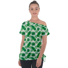 Tropical Leaf Pattern Off Shoulder Tie-up T-shirt