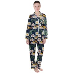 Flower Grey Pattern Floral Women s Long Sleeve Satin Pajamas Set	