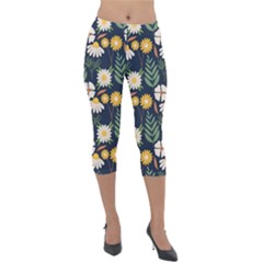 Flower Grey Pattern Floral Lightweight Velour Capri Leggings 