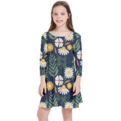 Flower Grey Pattern Floral Kids  Quarter Sleeve Skater Dress