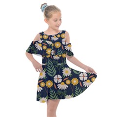 Flower Grey Pattern Floral Kids  Shoulder Cutout Chiffon Dress