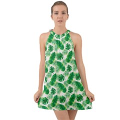 Tropical Leaf Pattern Halter Tie Back Chiffon Dress