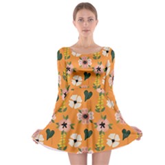 Flower Orange Pattern Floral Long Sleeve Skater Dress by Dutashop