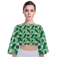 Tropical Leaf Pattern Tie Back Butterfly Sleeve Chiffon Top by Dutashop