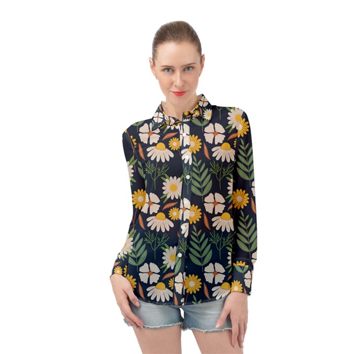 Flower Grey Pattern Floral Long Sleeve Chiffon Shirt