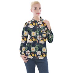 Flower Grey Pattern Floral Women s Long Sleeve Pocket Shirt