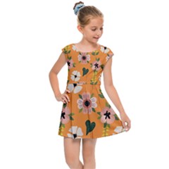 Flower Orange Pattern Floral Kids  Cap Sleeve Dress