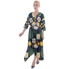 Flower Grey Pattern Floral Quarter Sleeve Wrap Front Maxi Dress