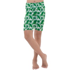 Tropical Leaf Pattern Kids  Lightweight Velour Cropped Yoga Leggings