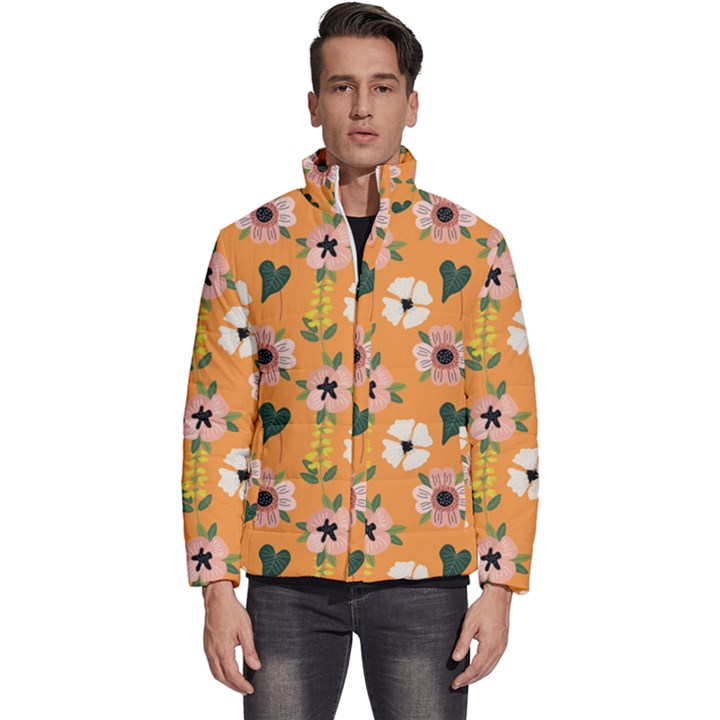 Flower Orange Pattern Floral Men s Puffer Bubble Jacket Coat