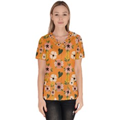 Flower Orange Pattern Floral Women s V-neck Scrub Top by Dutashop