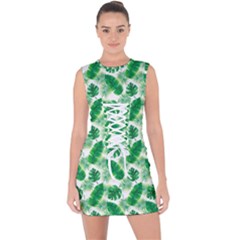 Tropical Leaf Pattern Lace Up Front Bodycon Dress