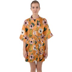 Flower Orange Pattern Floral Half Sleeve Satin Kimono  by Dutashop