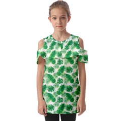 Tropical Leaf Pattern Fold Over Open Sleeve Top by Dutashop