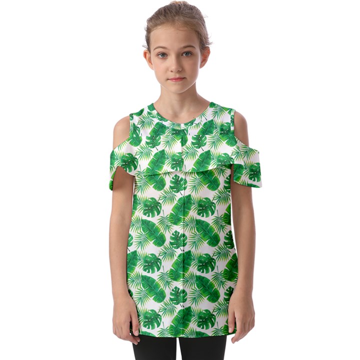 Tropical Leaf Pattern Fold Over Open Sleeve Top