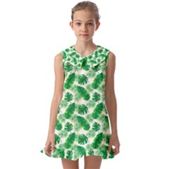 Tropical Leaf Pattern Kids  Pilgrim Collar Ruffle Hem Dress by Dutashop