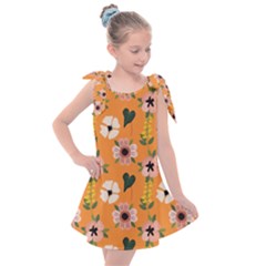 Flower Orange Pattern Floral Kids  Tie Up Tunic Dress