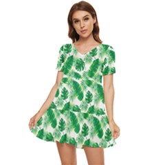 Tropical Leaf Pattern Tiered Short Sleeve Babydoll Dress by Dutashop