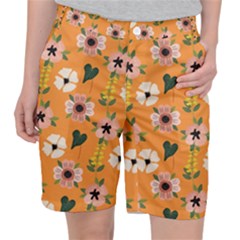 Flower Orange Pattern Floral Women s Pocket Shorts