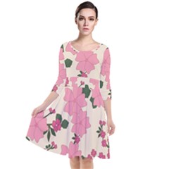 Floral Vintage Flowers Quarter Sleeve Waist Band Dress