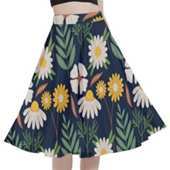 Flower Grey Pattern Floral A-line Full Circle Midi Skirt With Pocket