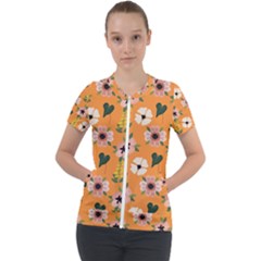 Flower Orange Pattern Floral Short Sleeve Zip Up Jacket by Dutashop