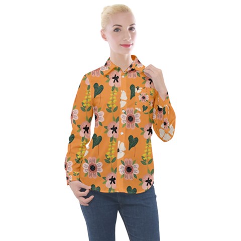 Flower Orange Pattern Floral Women s Long Sleeve Pocket Shirt by Dutashop