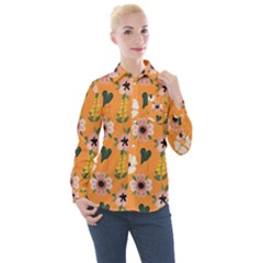 Flower Orange Pattern Floral Women s Long Sleeve Pocket Shirt