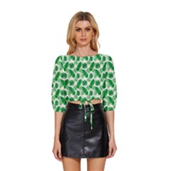 Tropical Leaf Pattern Mid Sleeve Drawstring Hem Top by Dutashop