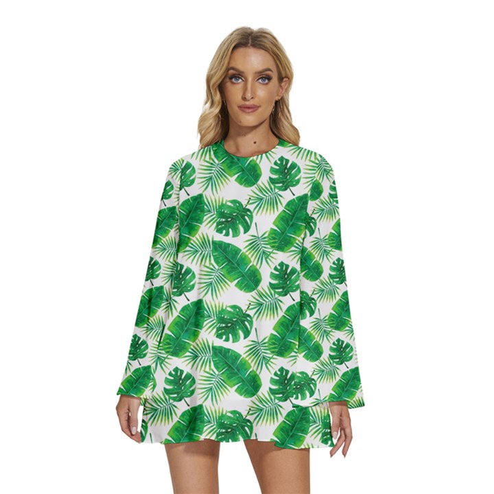 Tropical Leaf Pattern Round Neck Long Sleeve Bohemian Style Chiffon Mini Dress