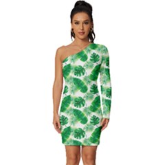 Tropical Leaf Pattern Long Sleeve One Shoulder Mini Dress by Dutashop