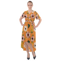 Flower Orange Pattern Floral Front Wrap High Low Dress