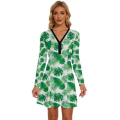 Tropical Leaf Pattern Long Sleeve Deep V Mini Dress  by Dutashop