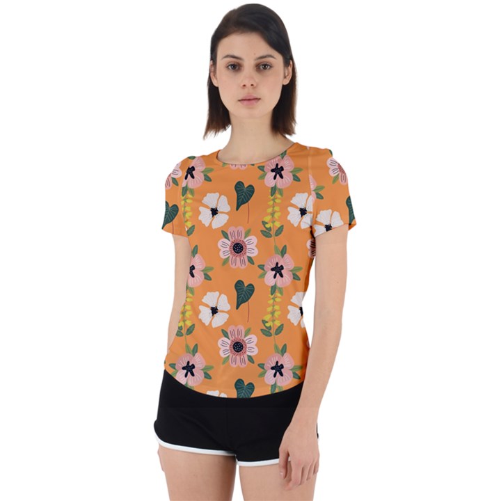 Flower Orange Pattern Floral Back Cut Out Sport T-Shirt