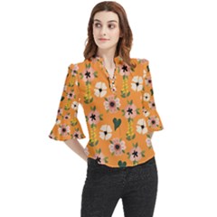 Flower Orange Pattern Floral Loose Horn Sleeve Chiffon Blouse